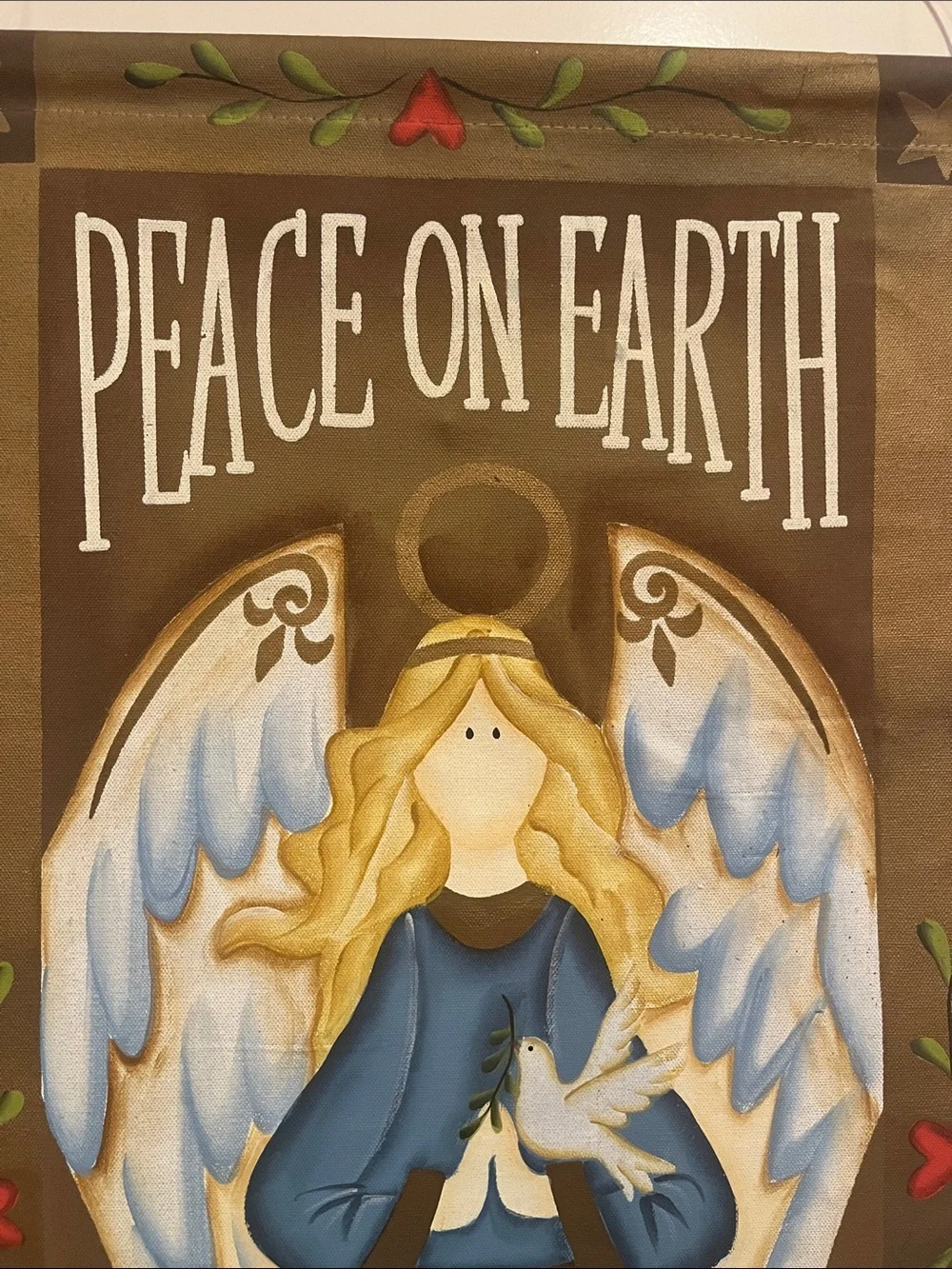 Vintage Peace On Earth Angel Wall Hanging Hand Painted Christmas Holiday Decor